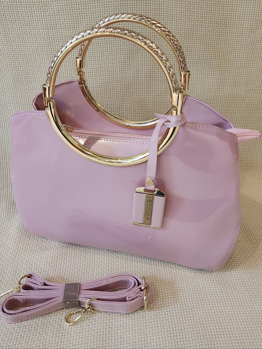 Pink Patent Leather Satchel Gold Ring Top Handle Crossbody Bag Structured Purse - Picture 16 of 16